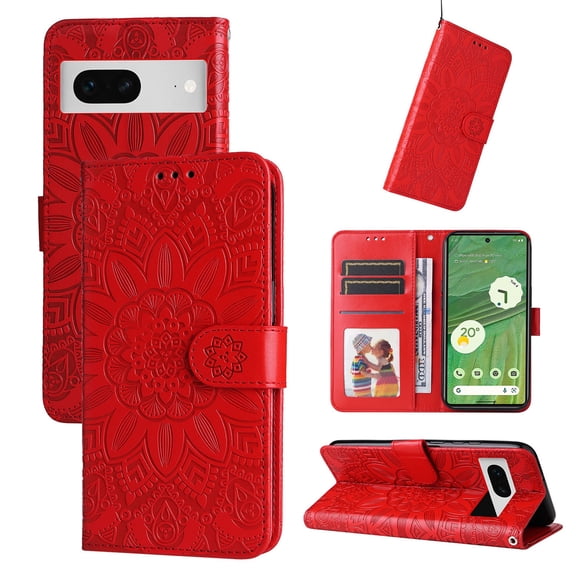 SaniMore for Google Pixel 7 Wallet Case, Shockproof PU Leather Stand Cover with Card Slot Flip Kickstand Embossed Flower Magnetic Clasp Wrist Strap for Google Pixel 7, Red