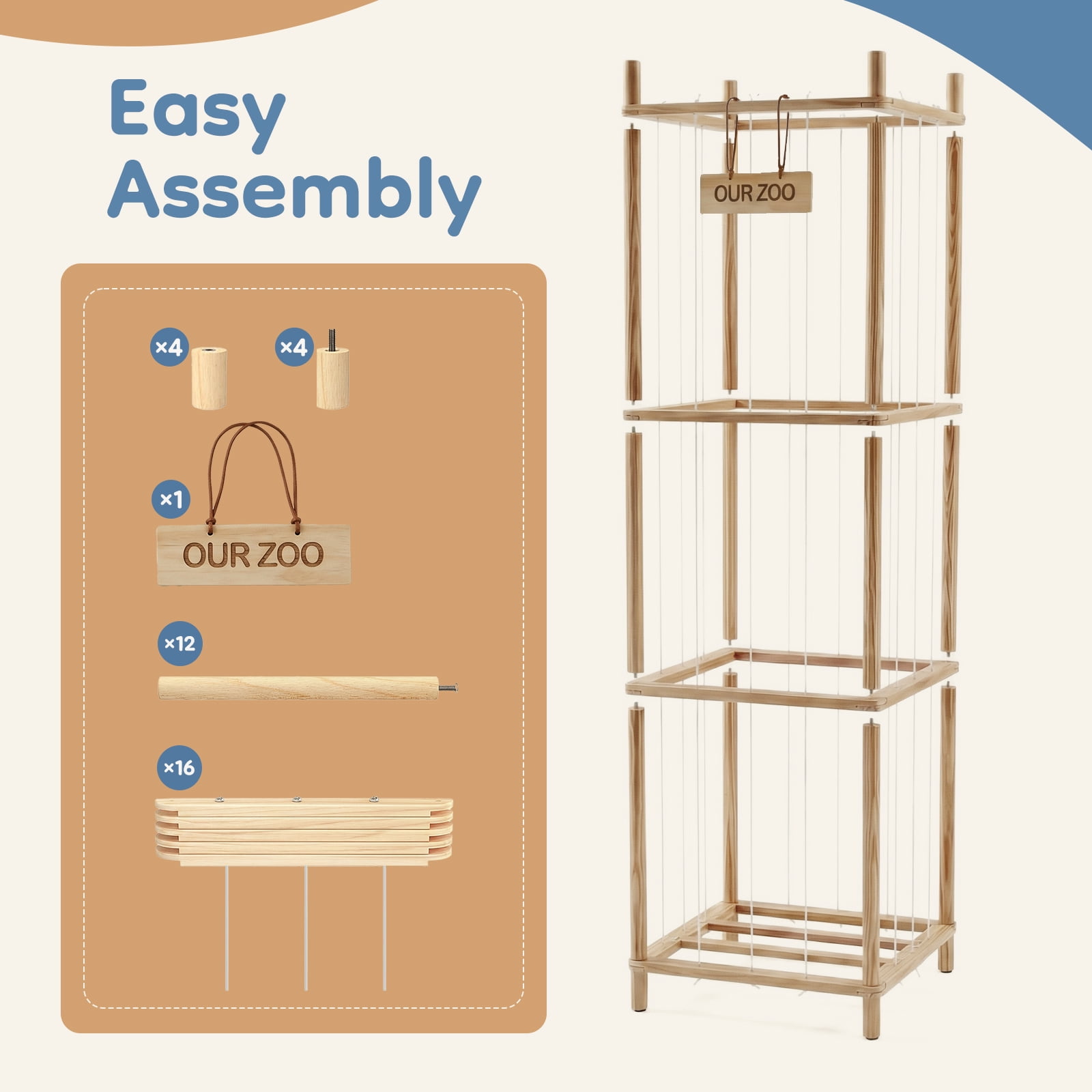 CONCETTA Toy Storage Organizer, Wooden Toy Holder Cage - Holds 40+ Plush Toys, Sturdy Wood & Steel Screw Construction for Toddler Room, Playroom, Bedroom, Wood