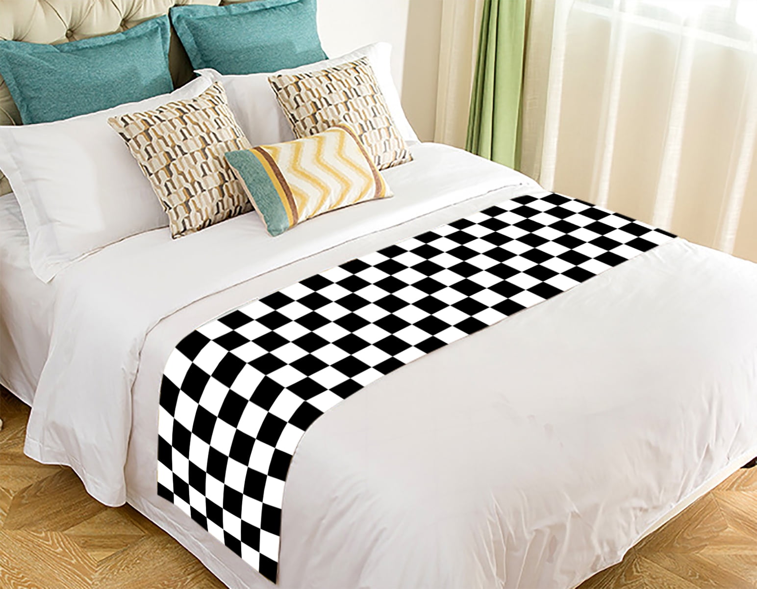 GCKG Checkered Bed Runner,Black White Checkered Pattern Bed Runner