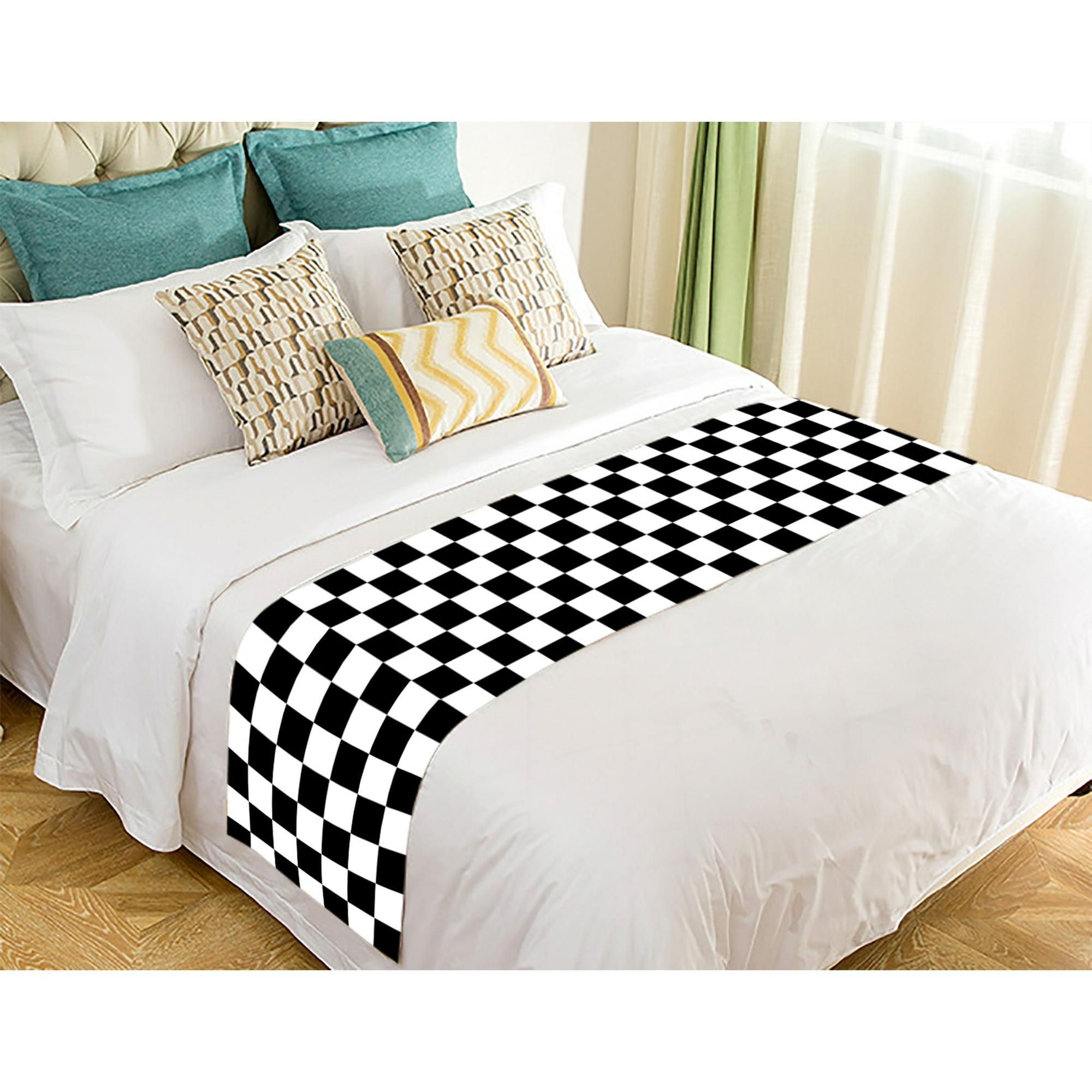 Gckg Checkered Bed Runner Black White Checkered Pattern Bed