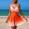 thumbnail image 2 of larppty Women One Piece Swimdress V Neck Color Block Swimsuit Bathing Suit Tummy Control Wrap Ruffle Swim Dress Swimwear (Orange, S), 2 of 7