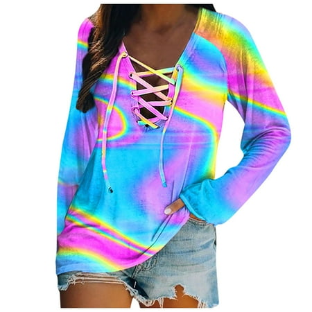 Azarxis Fashion Blouse Casual Long Sleeve Top  Women s Fashion Casual Tie-dye Printing Long-sleeved V-neck T-shirt Top Pink M