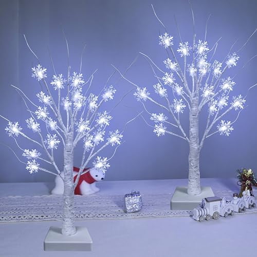 Tabletop Christmas Tree, 2 Pack Lighted Birches Tree Small Christmas Tree, Prelit 48 Snowflake White Lights Timer, Battery Operated Adjustable Branches Xmas Decor Home Indoor Mantel 18 inch White
