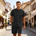 thumbnail image 2 of LTTVQM Mens Daily Wear Solid Cotton Linen Stand Collar Button Tee Elastic Drawstring Shorts Summer Walking Holiday Two Piece Tracksuit Black XL, 2 of 6