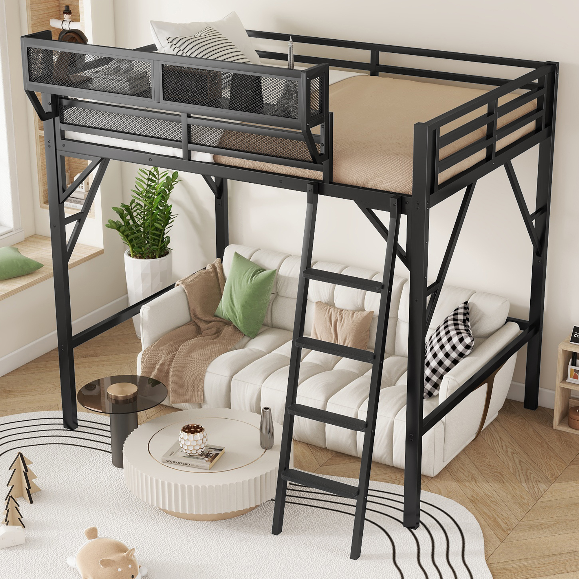 Full Size Loft Bed with Ladder, Metal Loft Bed with Storage Shelves, High Loft Bed for Kids Teens, Black