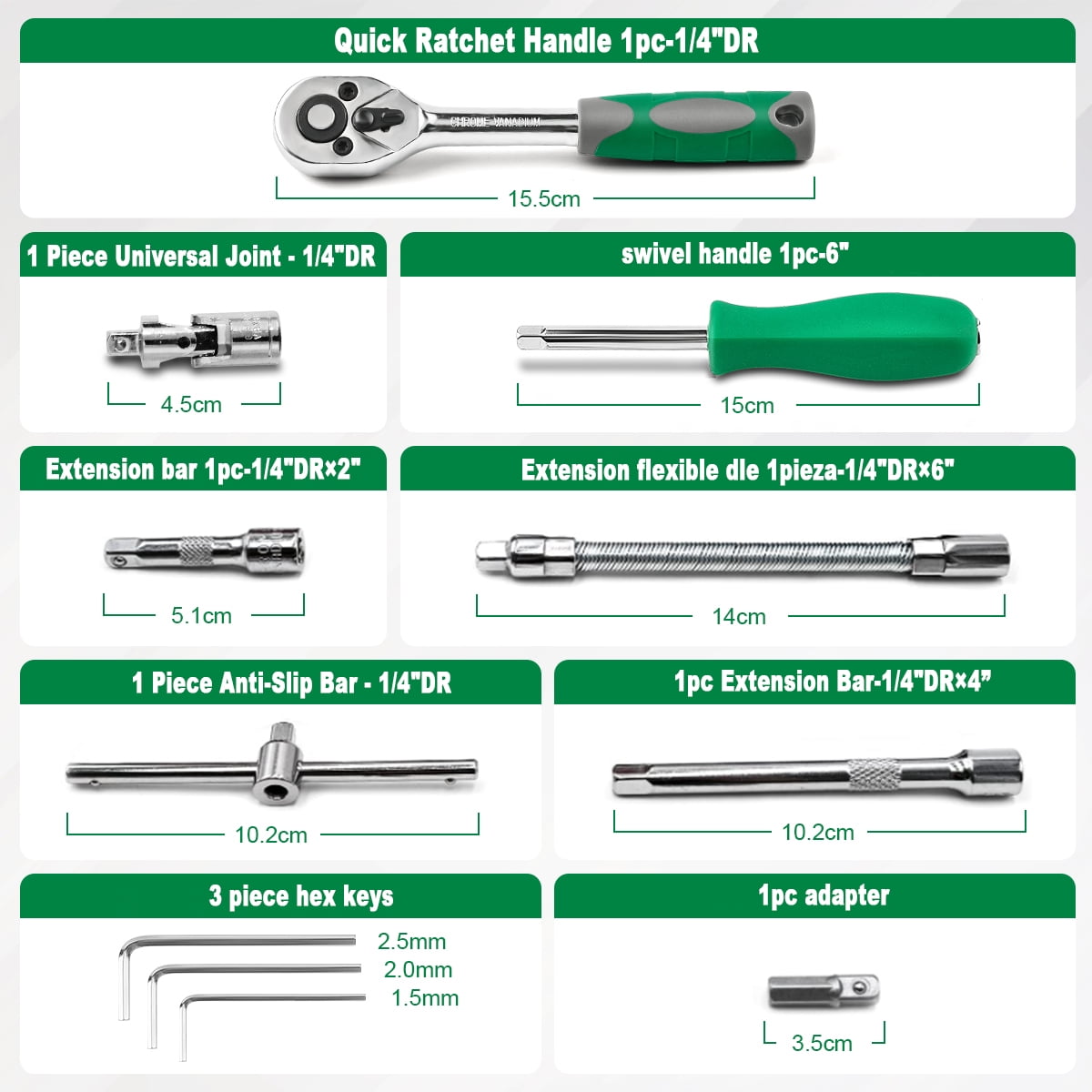GOXAWEE 46 Pieces 1/4 inch Drive Socket Ratchet Wrench Set, with Bit Socket Set Metric and Extension Bar for Auto Repairing and Household, Green