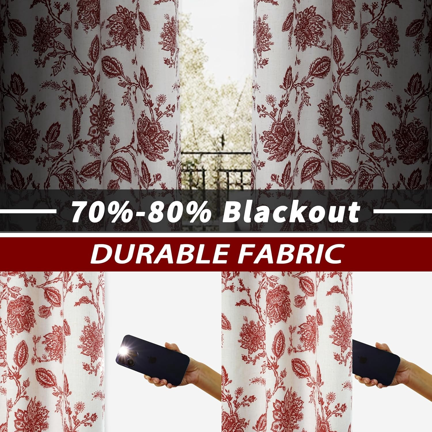 DriftAway Freda Jacobean Floral Linen Blend Lined Thermal Insulated Room Darkening Blackout Grommet Window Curtains 2 Layers 2 Panels Each 52 Inch by 84 Inch Red Beige