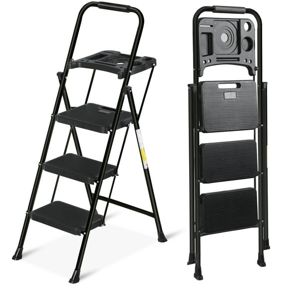 DOPIUY 4 Step Ladder with Tool Tray, Folding Step Stool with Wide Non-Slip Pedal and Comfort Handgrip for Household and Office Capacity Step Ladder