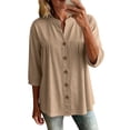 thumbnail image 2 of HongQid Womens Linen Blend Button Down Tunic Ladies Mandarin Neck Pleated Bust 3/4 Sleeve Blouse Casual Shirts, 2 of 7