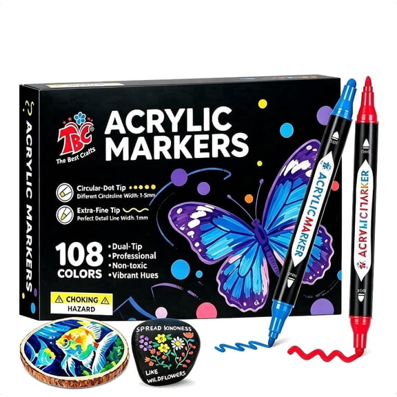 TBC The Best Crafts 108 Colors Dual Tip Acrylic Paint Pens, 1mm Fine Tip & 1-5mm Dot Tip, Permanent Markers for Rocks, Wood, Ceramic, Canvas & DIY Crafts