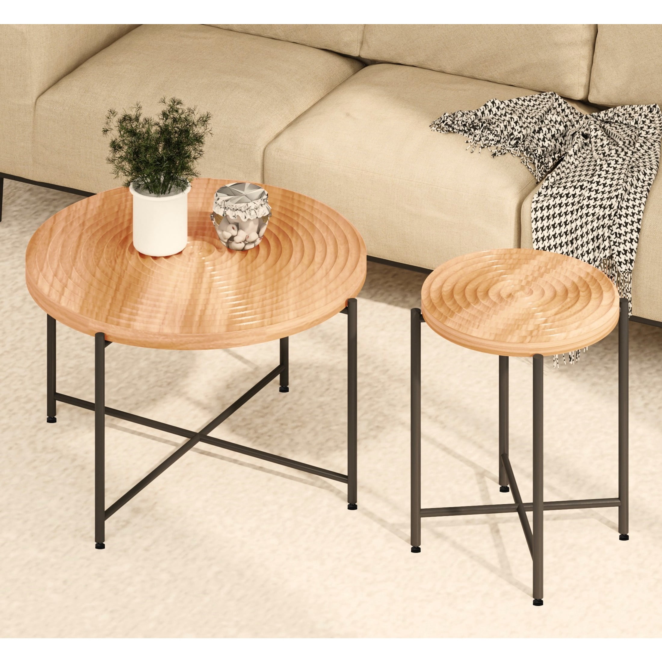 GDF Studio 2-Piece Coffee and End Table Set with Radial Ring Pattern Tabletops, Black Metal Legs, Brown
