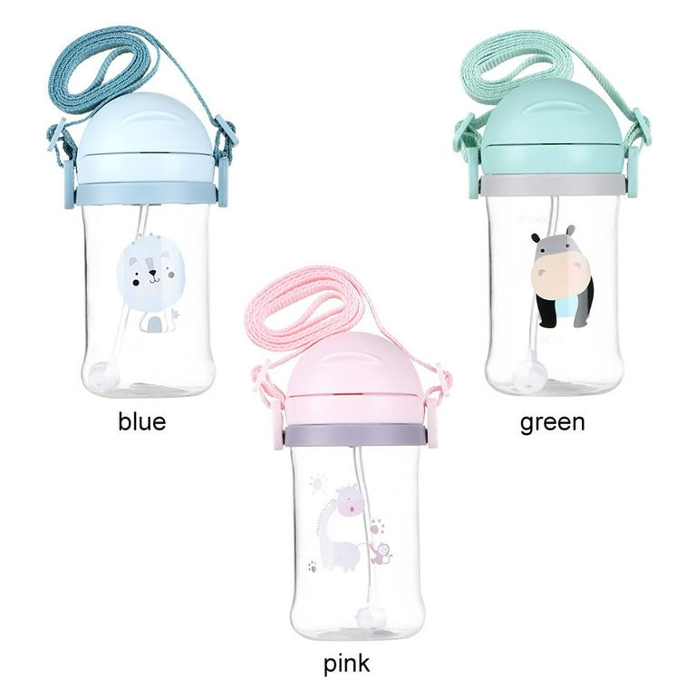 Euwbssr Car Straw Water Cup 16oz Portable Detachable Bus Water Bottle with Shoulder Strap Leak-Proof Kids Small Drinking Cup Cute Cartoon Water Jug