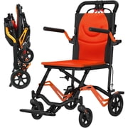 Ladcaser Elderly Transport Wheelchair Ultra Lightweight Portable Folding Transport Chair with Locking Handbrake, Removable Flip Armrests, Swinging Footrests, Orange