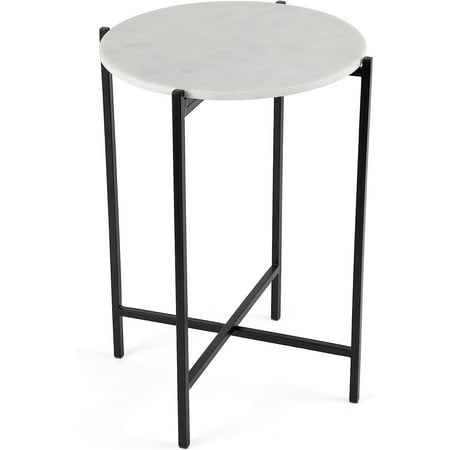 

Omsix Folding Side Table with Marble Top - Metal Foldable Nightstand - Indoor Use - Bar Coffee Drinks Food Serving Tray - Decorative Modern End Accent (Marble Top with Black Legs)