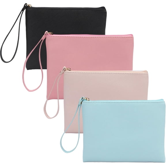 4-Pack Small Zipper Pouch for Purse, PU Leather Wristlet Clutch Travel Makeup Bag, Stadium Approved Coin and Lipstick Organizer for Women