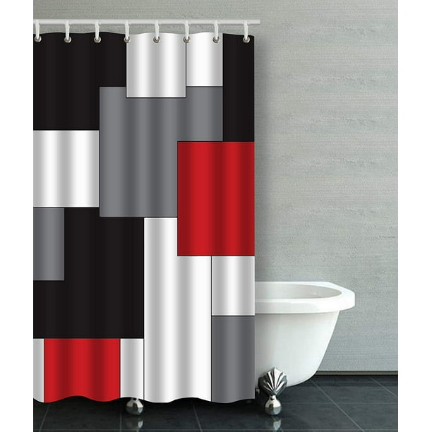 Artjia Wavy Vertical Stripes Red Black, Grey And Red Shower Curtain