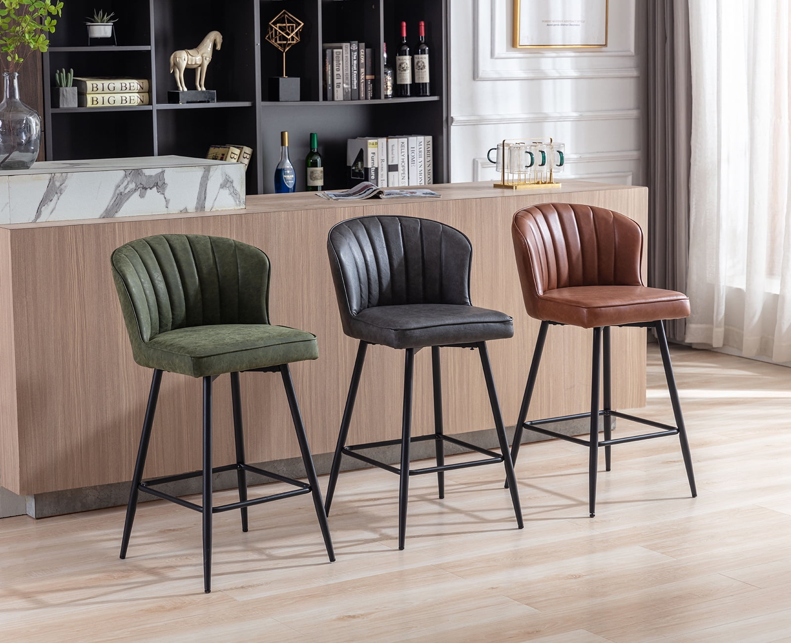 Guyou 26” Counter Height Bar Stools Set of 2, Modern PU Upholstered Kitchen Island Chairs, Barstools with Back and Footrest for Kitchen Island Pub Restaurant, Brown