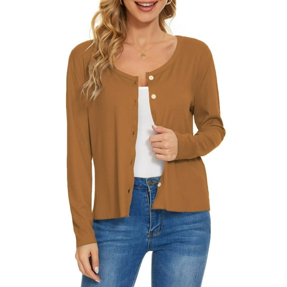 Women's Lightweight Cardigan Sweater Long Sleeve Crewneck Button Down Knit Cardigan(Coffee M)