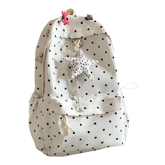 Cute Polka Dots Backpack Nylon Coquette Bookbag Kawaii Daypacks with 6 Hair Clips and Star Charms