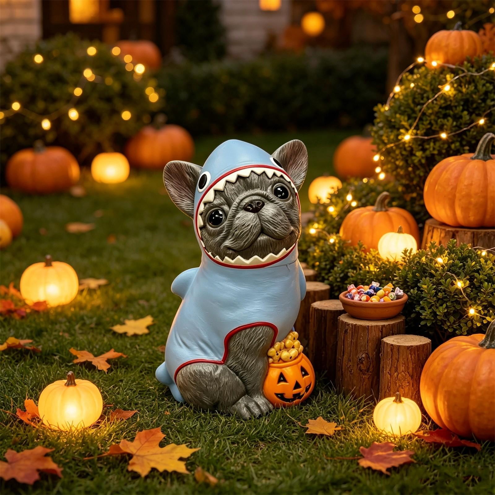 Halloween French Bulldog Statue, Resin Shark Costume Dog Figurine with Light Up Pumpkin Candy Bowl, Holiday Tabletop Porch Indoor Outdoor Decor, 7.87in