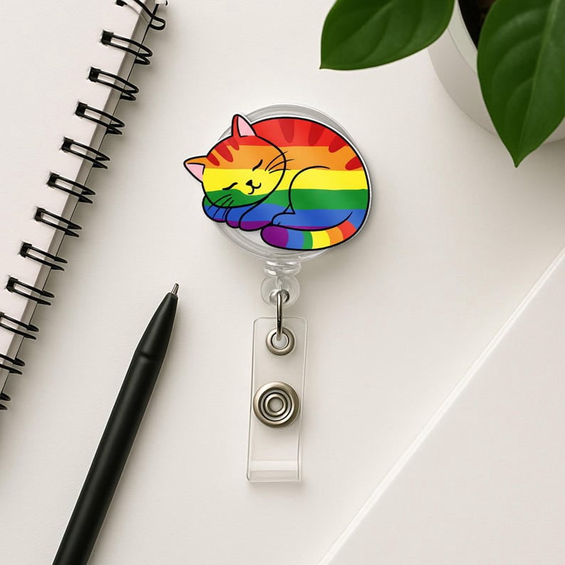 TiniDecor Rainbow Cat Badge Reel, Retractable ID Holder, Cute Pride Gift for Nurse, Student