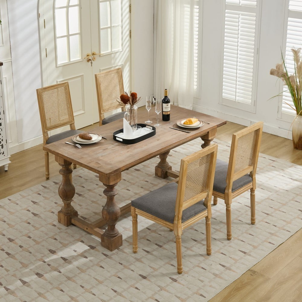 French Dining Chairs Set of 2, Louis Style Chairs with Square Rattan Backrest, Carved Solid Wood Frame, Linen Upholstered Seat, Gray