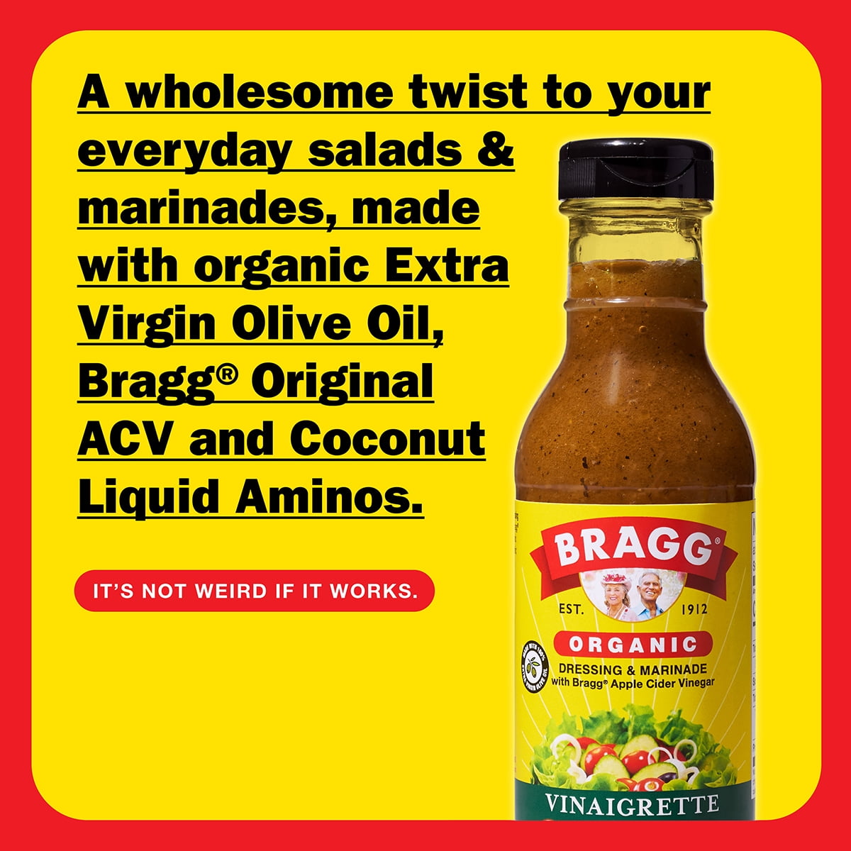 Bragg Organic Vinaigrette Salad Dressing and Marinade with Apple Cider Vinegar, 12 fl oz Bottle