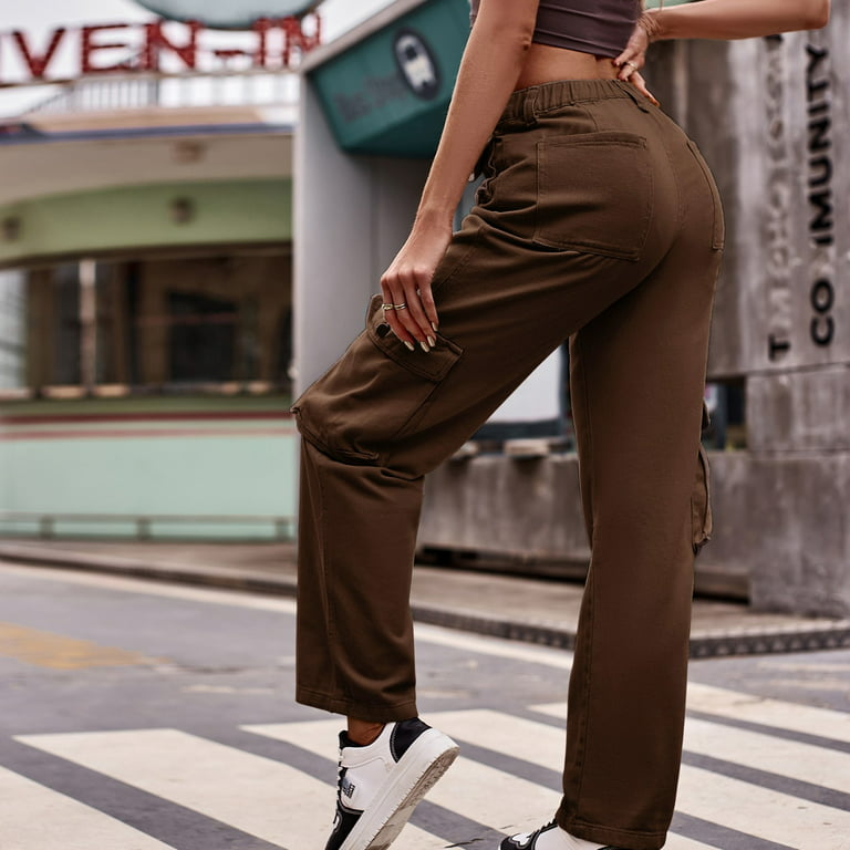 HAXMNOU Women Casual Fashion High Waisted Cargo Pants Wide Leg Casual Denim  Trousers Multi Pocket Cargo Jeans Coffee M