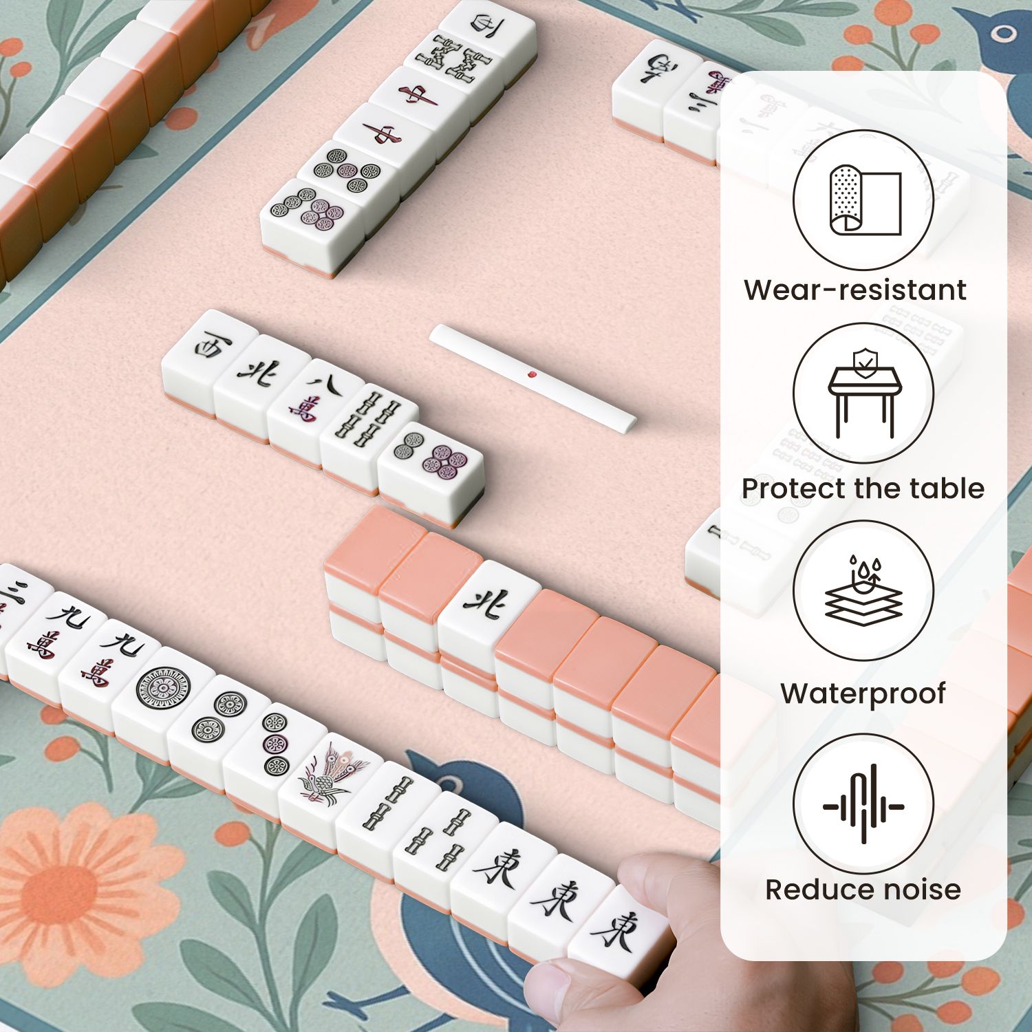 Mahjong Mat 31.5" x 31.5" Vintage Floral Border Birds Soft Pastel Colors Anti-Slip and Noise Reduction Symmetry Design Mahjong Tiles Table Cover for Dominoes Poker Card Board and Tile Games