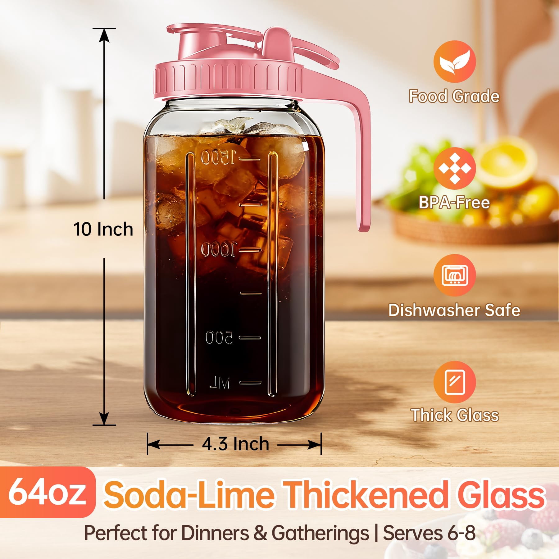 64oz Glass Pitcher With Lid & Spout - 2 Quart Mason Jars  Airtight Leakproof Breastmilk For Cold Brew Coffee Sun Tea Water Juice Wide Mouth Fridge Safe