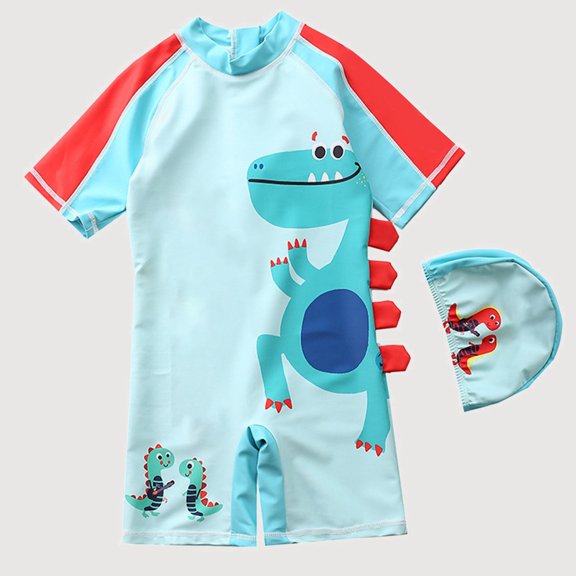 Gyujnb Short Sleeve One-Piece Rash Guard Swimwear Set Cartoon Print with Swim Cap for Beach and Pool (Baby, Big Boys),2-3 Years