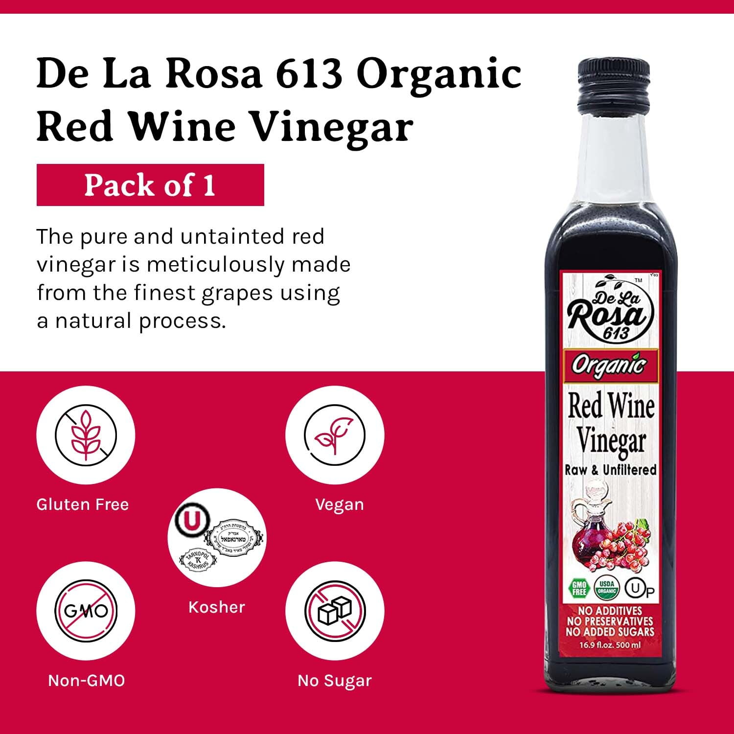 De La Rosa™ Organic Red Wine Vinegar, Raw & Unfiltered, 16.9 Oz (Pack of 2)