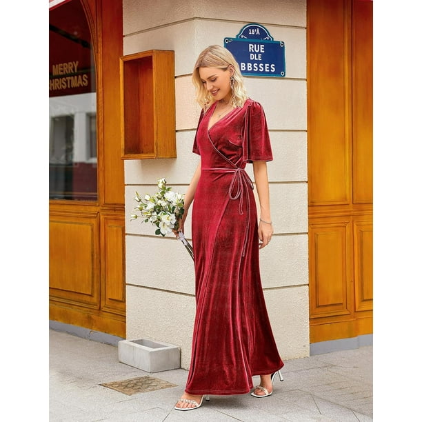 Women's V Neck Wrap Velvet Maxi Dress Bell Sleeve Split Bridesmaid Cocktail  Party Dress - Walmart Business Supplies