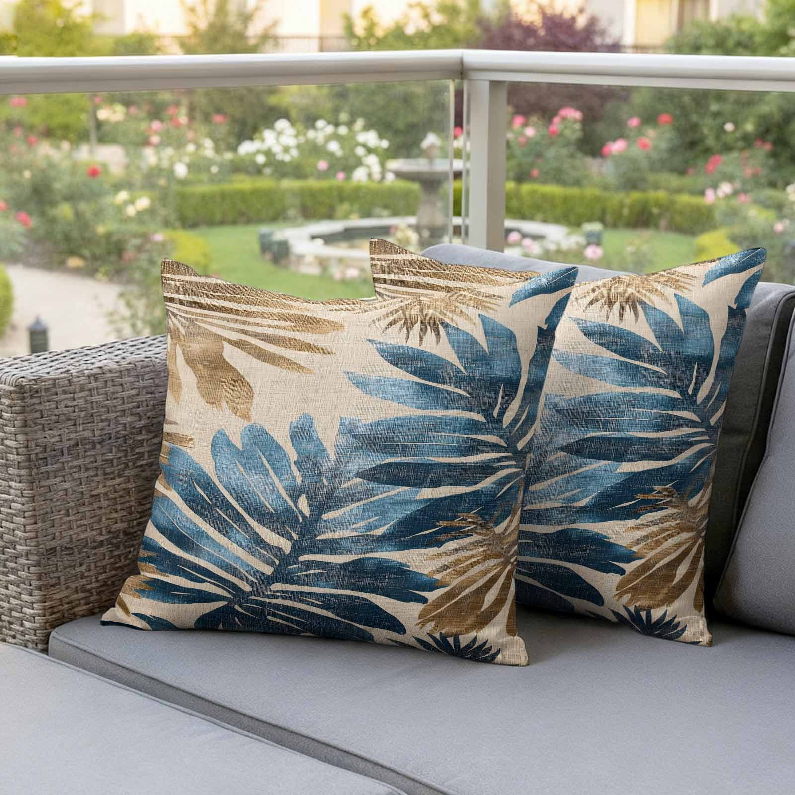 Pack of 2 Outdoor Pillow Covers 24x24 Inch Waterproof Blue Brown Palm Leaf Throw Pillow Covers,Decorative Couch Pillow Shams Protectors Retro Summer Botanical Patio Garden Pillowcases Cushion Covers