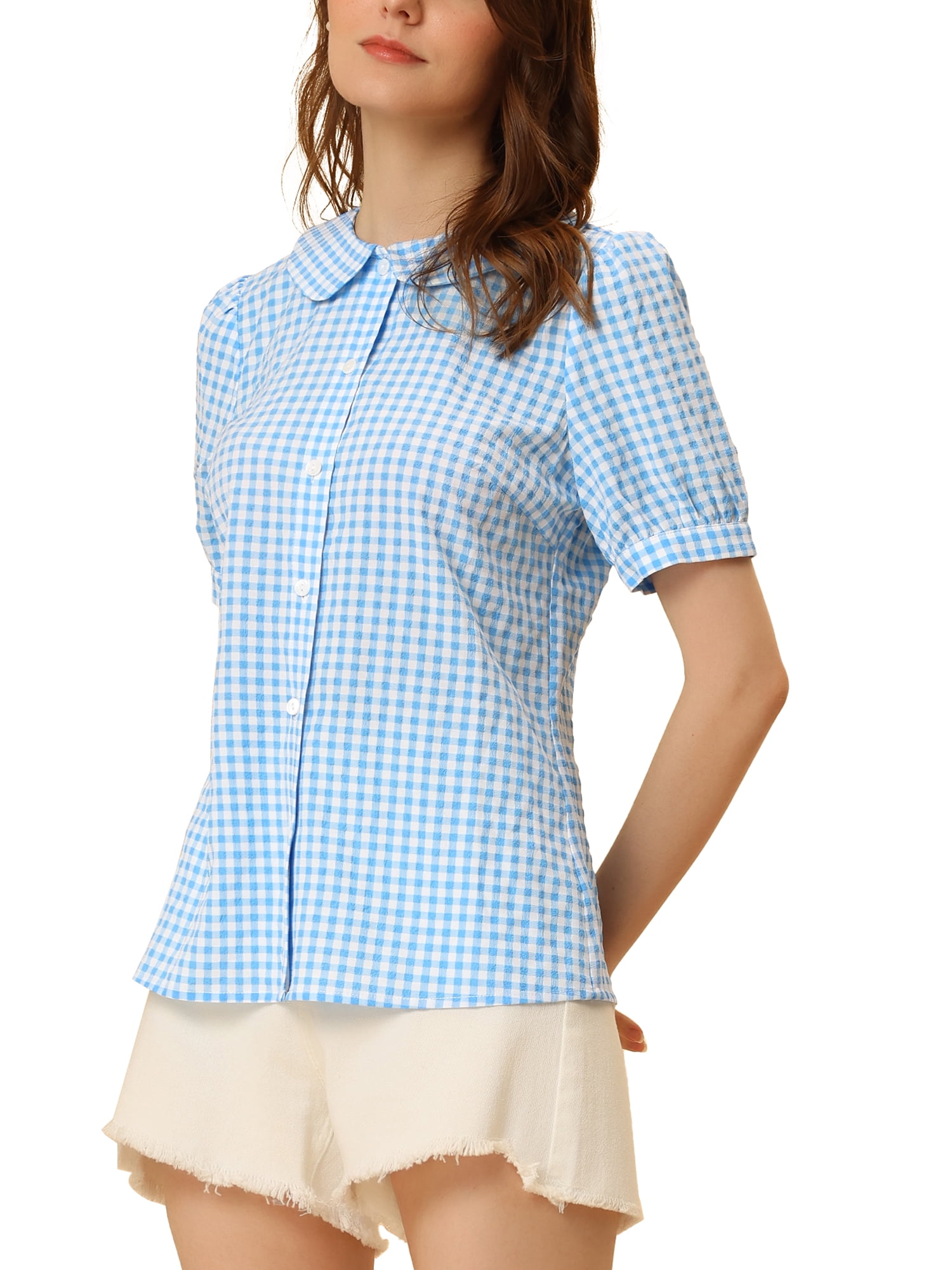DARING DIVA Women's Plaid Button Down Puff Peter Pan Collar Shirt M Light Blue