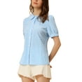 thumbnail image 4 of DARING DIVA Women's Plaid Button Down Puff Peter Pan Collar Shirt XS Light Blue, 4 of 6