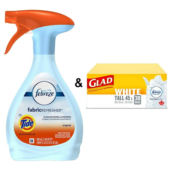 Fabric Refresher with Tide Original Scent Air Freshener 2.65 Pound by Febreze & Glad White Garbage Bags - Tall 45 Litres - Fresh Clean Scent, 30 Trash Bags by Febreze