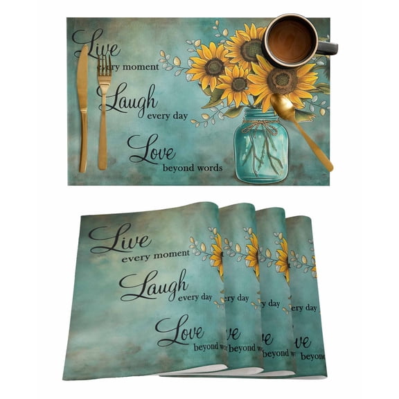 Vintage Sunflower Placemats Set of 6, Teal Retro Summer Botanical Floral Placemats for Dining Table, Place Mats for Kitchen Tabletop, Waterproof Wipeable Dining Table Mats Set