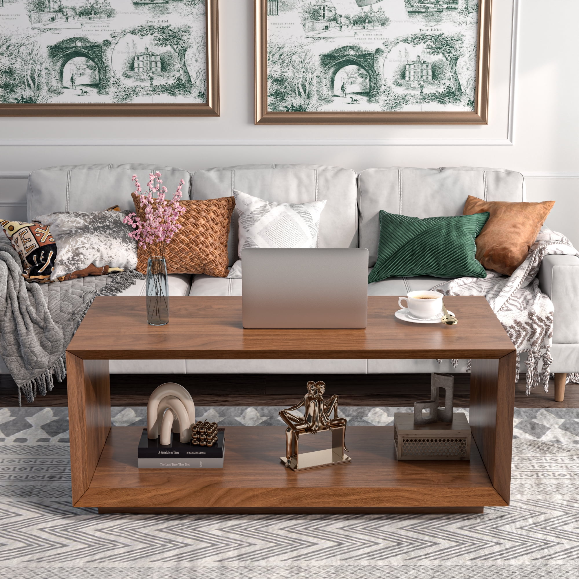 Farmhouse Wood Coffee Table, Rectangle Coffee Table, Simple 2-Tier (Walnut)