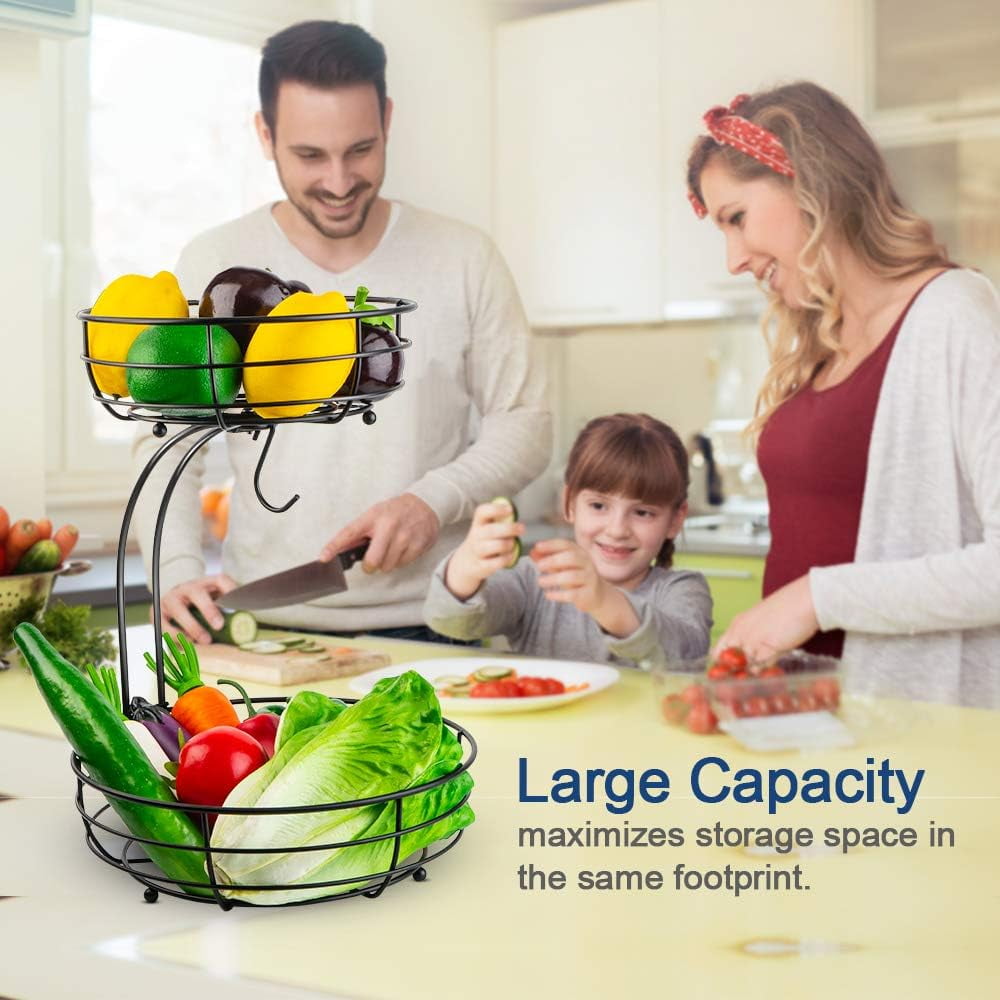 Iron 2-Tier Countertop Fruit Basket. Storage with Banana Hanger. Black, 64 Ounces. Stylish and Practical. Organize Your Fruits and Veggies. Durable Iron Construction.