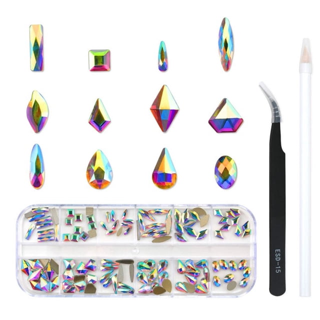 120 Pcs Multi Shapes Glass Crystal AB Rhinestones for Nail Art Craft, Mix 12 Style FlatBack Crystals 3D Decorations Flat Back Stones Gems Set (120 Pcs Crystals)