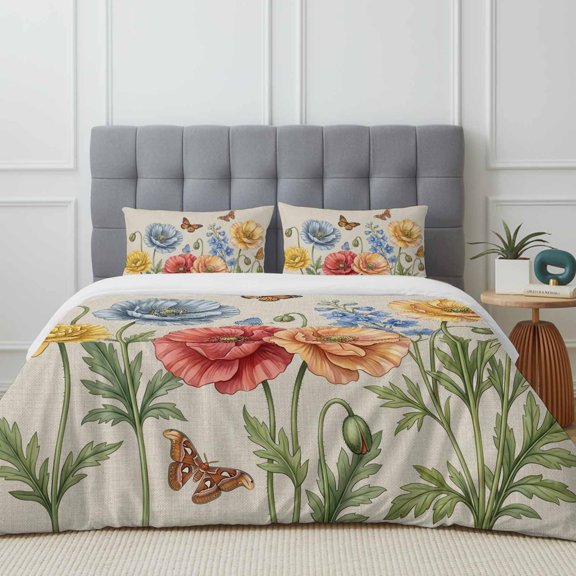 Queen Size Duvet Cover 4 Piece Bedding Set Watercolor Red Blue Pink Flowers Bed Sheet Sets Soft Microfiber Comforter Cover with Flat Sheet 2 Pillow Shams