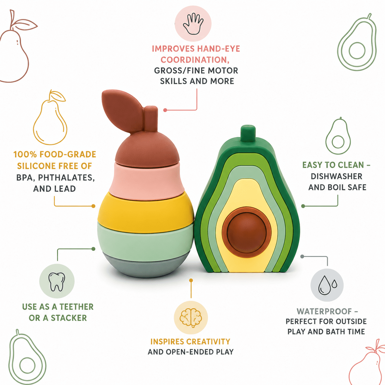 Avocado Stacker 6PC Toddler Toys, Baby Stacking Toys, Montessori Toys, Silicone Nesting Puzzle Blocks for Early Childhood Education, Army Green Series (Avocado/Pear), 6PCs