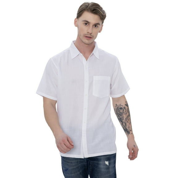 LA LEELA Men's Short Sleeve Button Down Casual Camp Shirts Solid Shirt Summer Dress Tops with Pocket Spread Collar Beach Vacation Shirts for Men M Plain, White