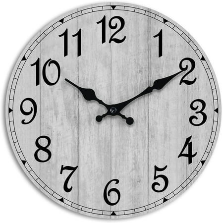 Wall Clock, Rustic Wall Clocks Battery Operated Silent Non Ticking, Country Round Wooden Clocks Farmhous Wall Decorative for Kitchen, Bathroom, Living Room (Gray 10 Inch)