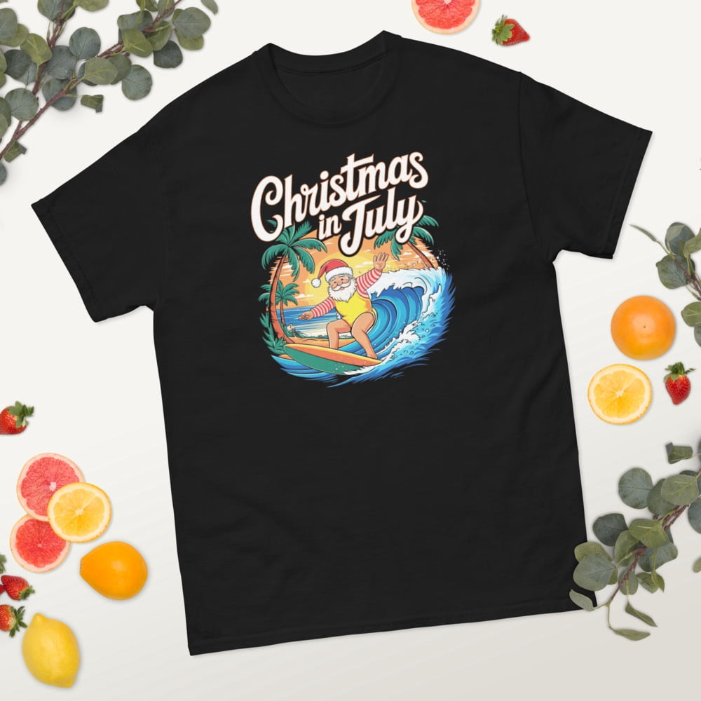 Christmas In July Santa Surfing Summer Hawaiian Christmas Graphic classic tee (Black, 2XL)