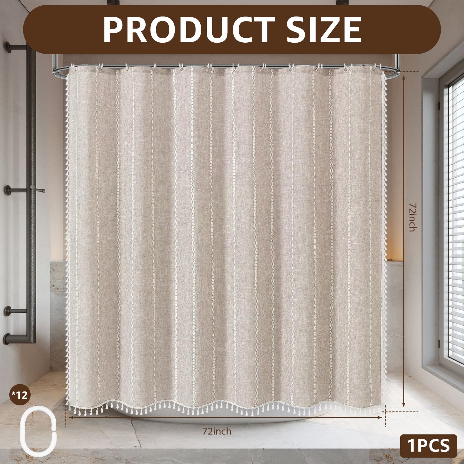 Dznils Boho Tassel Shower Curtain with Hooks, Farmhouse Thick Cloth Linen Fabric Bathroom Curtain, Cream, 72" x 72"