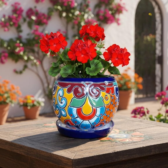 Talavera Treasures - Mexican Hand Painted Succulent Flower Pot Medium Ceramic Bowl with Saucer Included
