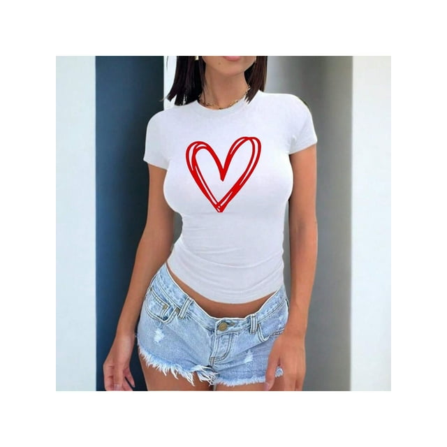 Playera Blusa De Corazon Dibujado Con Plumon Ropa De Mujer Color Blanco Talla Grande Marca Emil SaEs