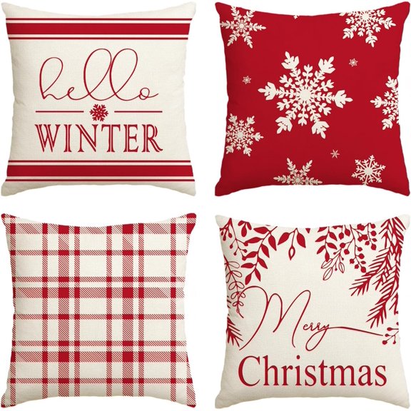 colorlife Merry Christmas Hello Winter Buffalo Plaid Snowflake Red Throw Pillow Cover, 18 x 18 Inch Winter Holiday Cushion Case Decoration for Sofa Couch Set of 4